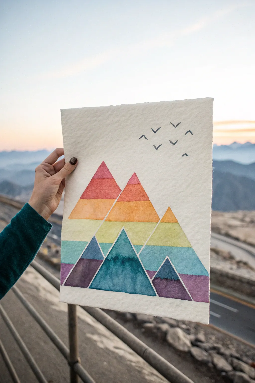 Rainbow geometric mountains: an easy minimalist painting idea with bold bands and a calm sky.
