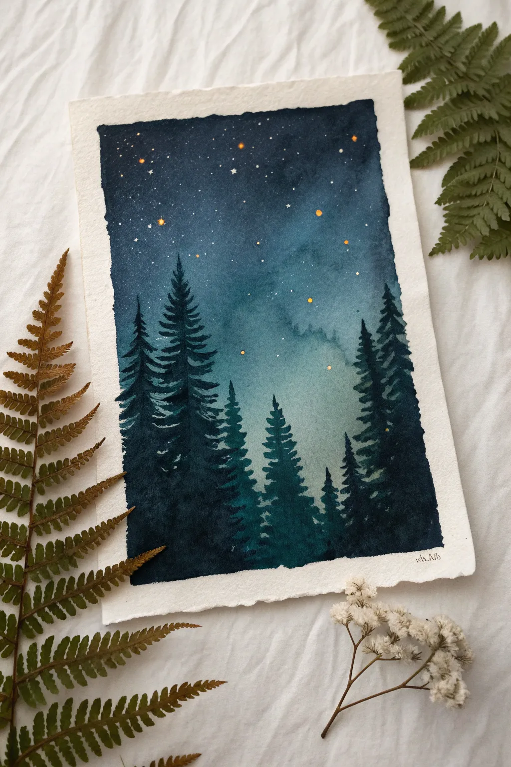 Paint a night rainforest glow with simple leaf silhouettes and sparkling firefly dots