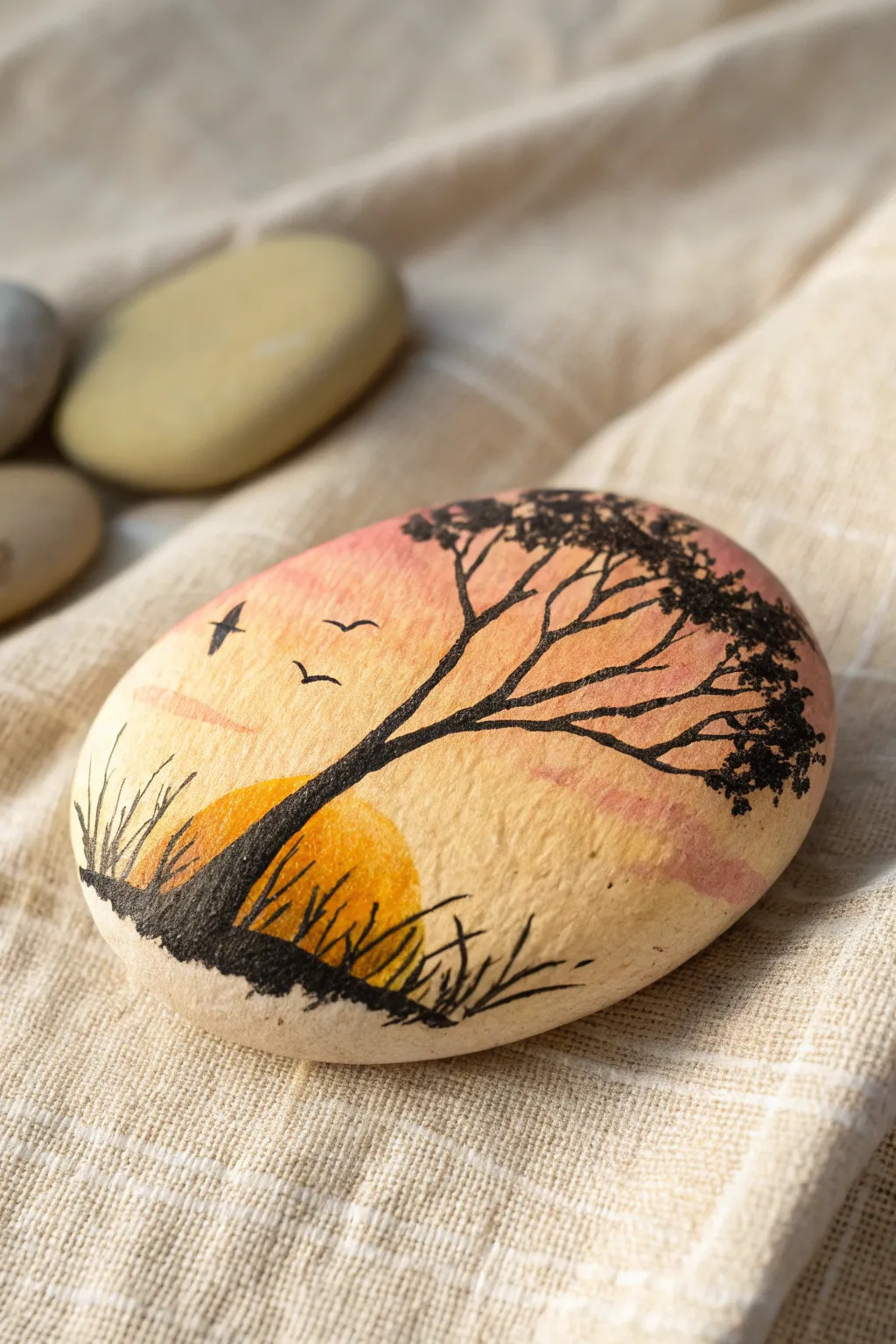 Capture the golden hour with this easy sunset silhouette rock painting.