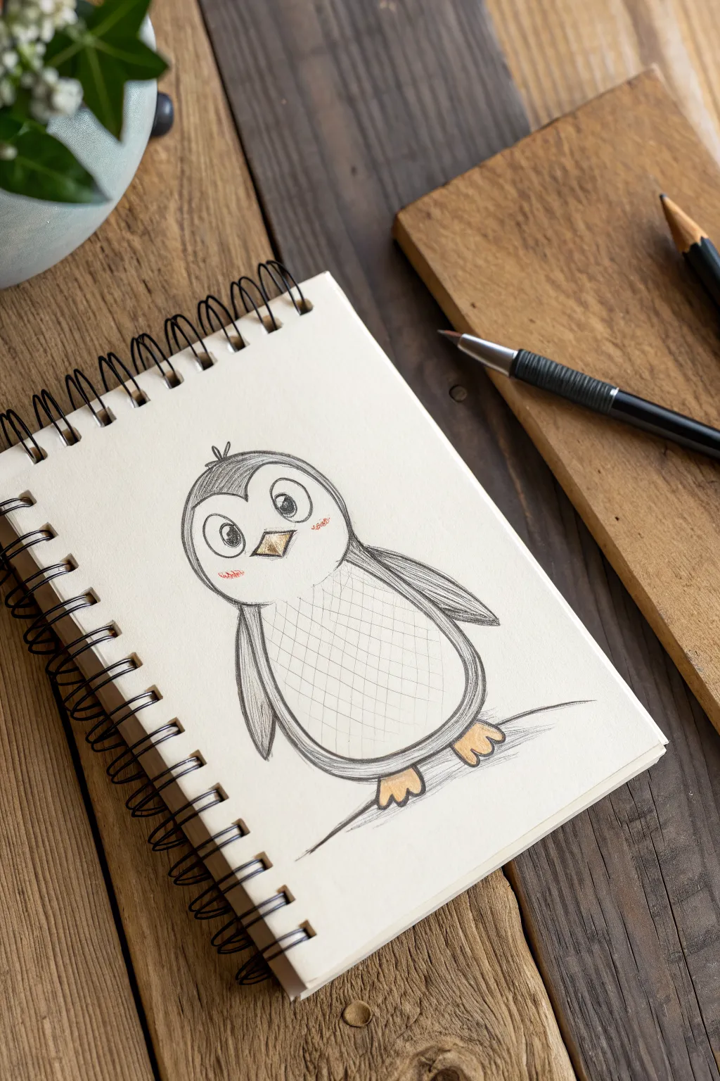Follow 7 simple pencil steps to turn an egg shape into a cute penguin with soft shading.
