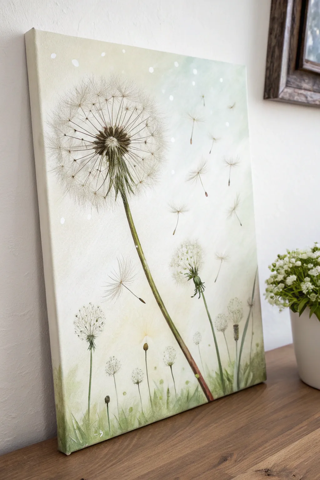 Minimalist spring canvas idea: a single dandelion with airy seeds drifting in the breeze.