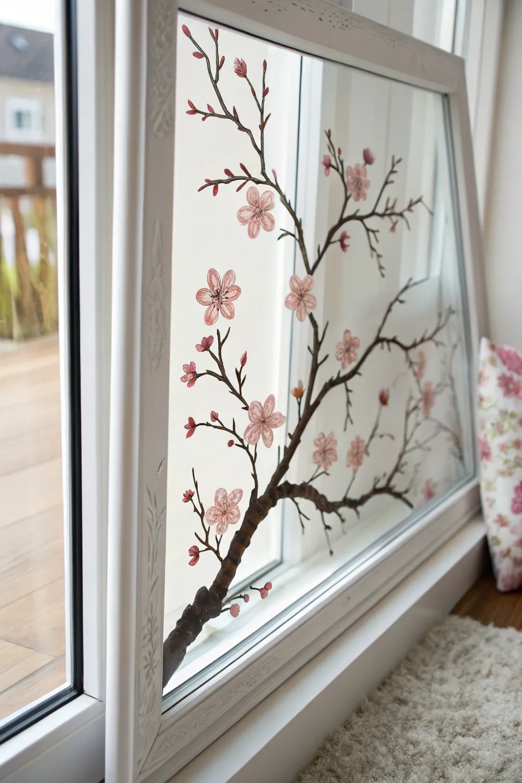Simple cherry blossom window painting: one bold branch and soft pink petal dabs for spring.