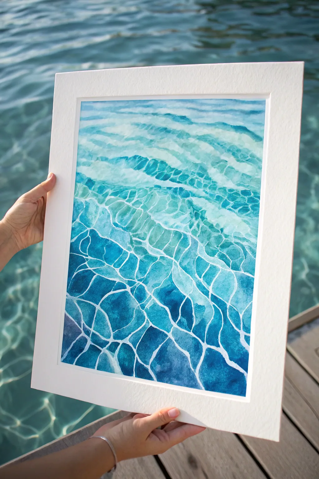 Pool water ripples in layered blues with crisp white sparkles, a calm and easy summer paint idea