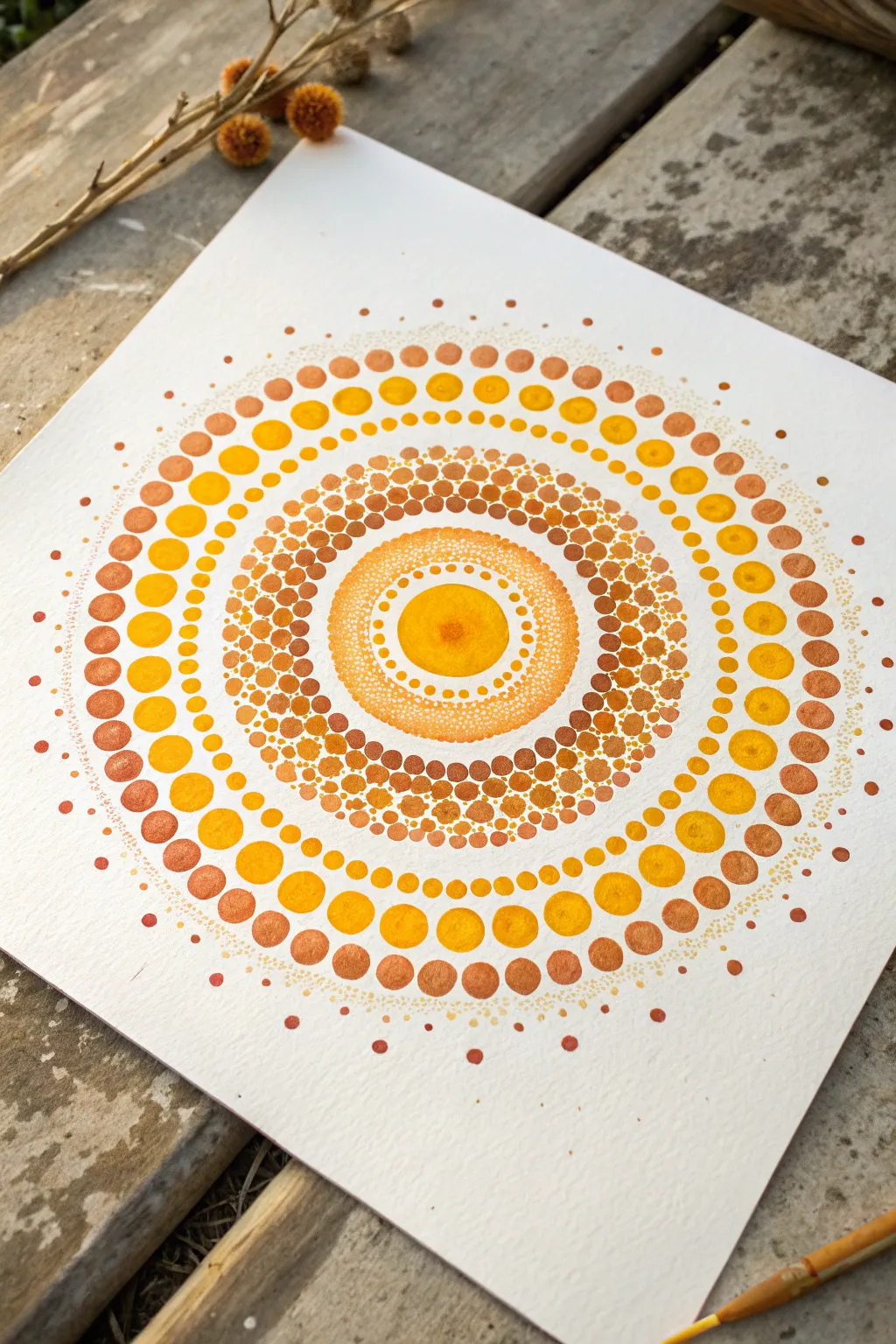 Dot mandala sun with layered rings, bright yellow to deep orange for an easy, calming paint idea