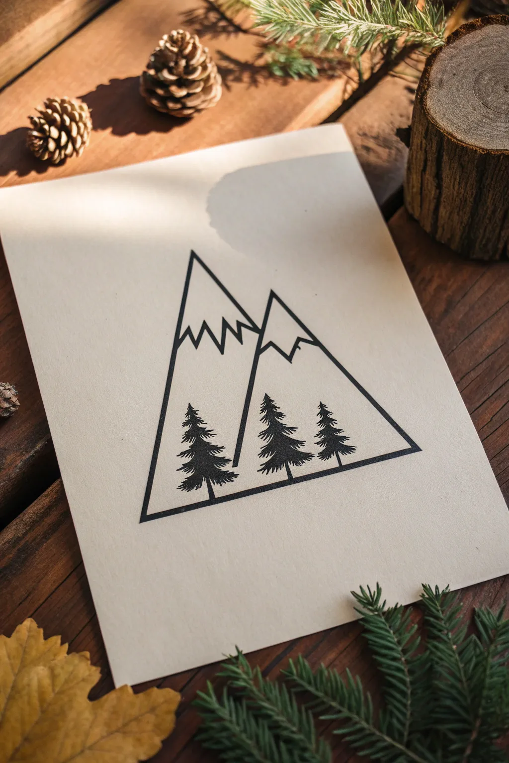 Minimal mountain and pine silhouette tattoo sketch in bold black ink, clean Scandinavian vibe.