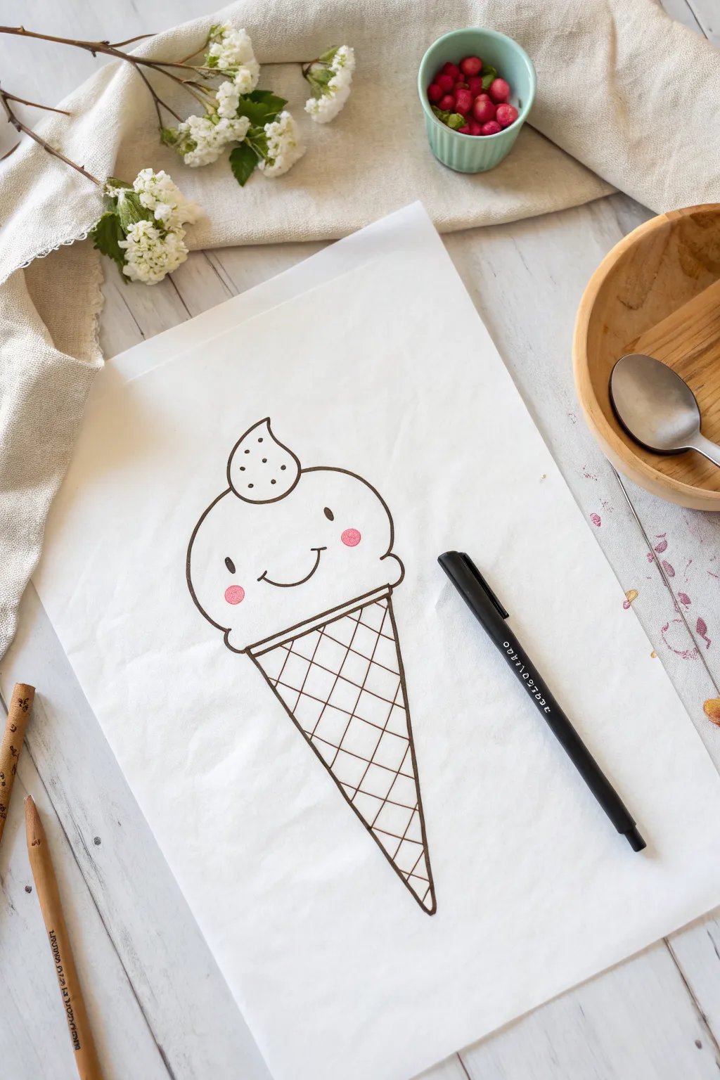 Cute ice cream cone doodle with bold outlines and sprinkles, an easy kids drawing idea