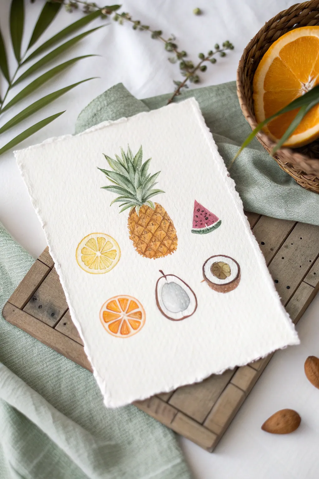 Minimal tropical fruit mini paintings in a clean grid, perfect for easy summer watercolor practice.