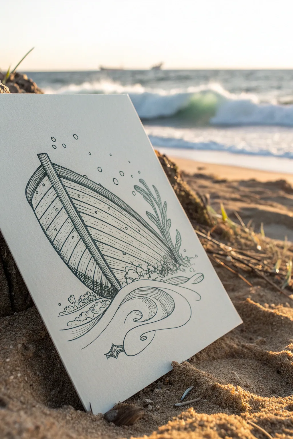 Minimal shipwreck outline with seaweed threading through ribs and bubbles rising in calm water.