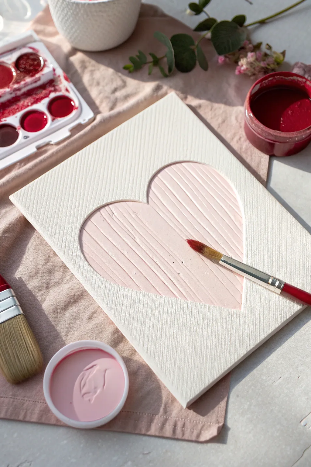 Comb-scraped pink and red paint texture framing a crisp hidden heart reveal, clean and minimalist