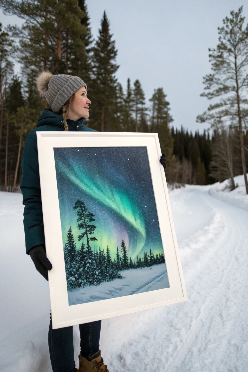 Paint a serene aurora: teal ribbons over dark pines and a smooth snowy ridge in crisp contrast.