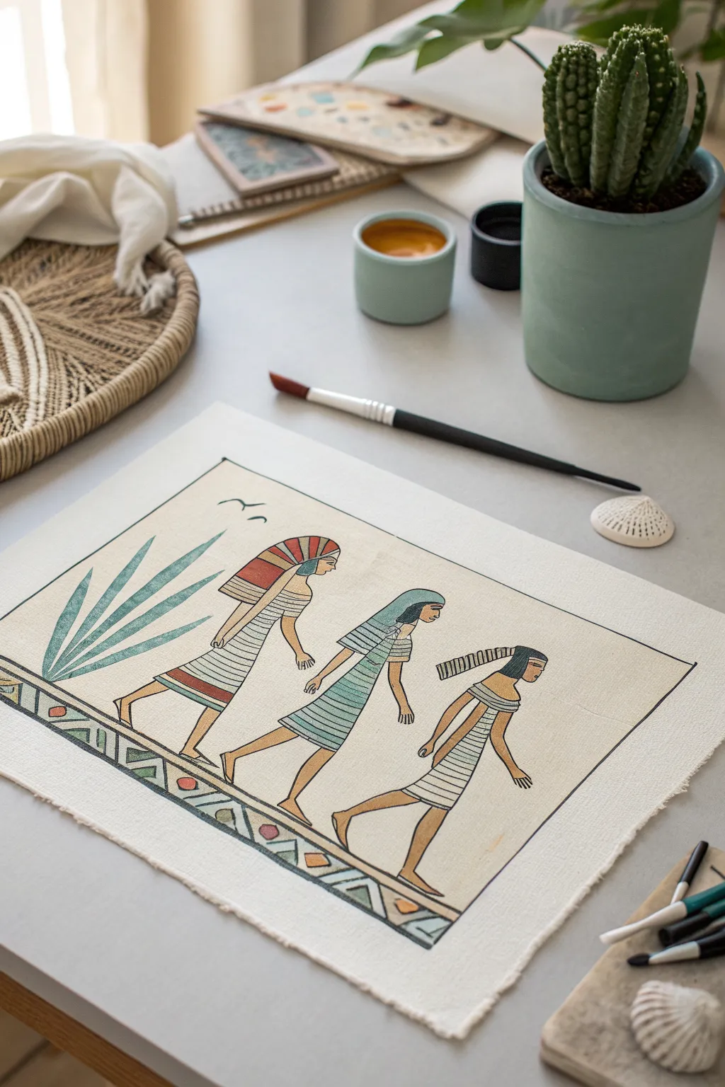 Easy Egyptian frieze: 3 walk-like-an-Egyptian figures in clean, modern flat colors
