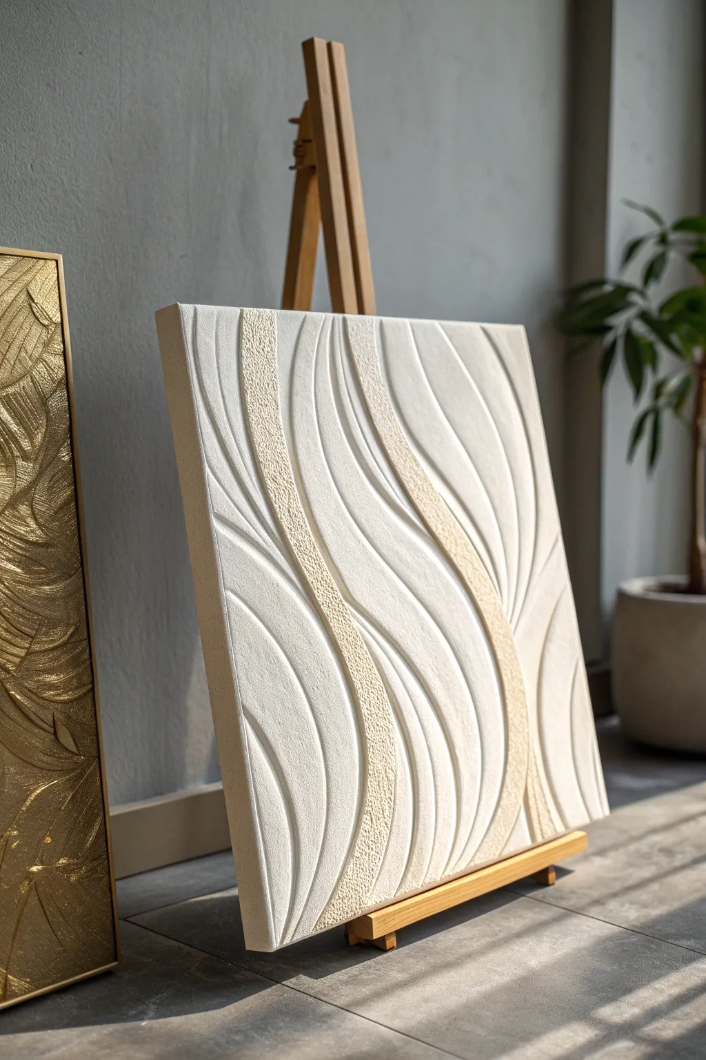 Raised texture meets subtle gold edges for a serene minimalist statement piece at home.