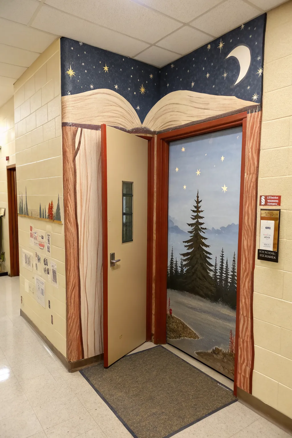 A book-shaped doorway mural that opens into a calm, magical scene for an elementary reading nook