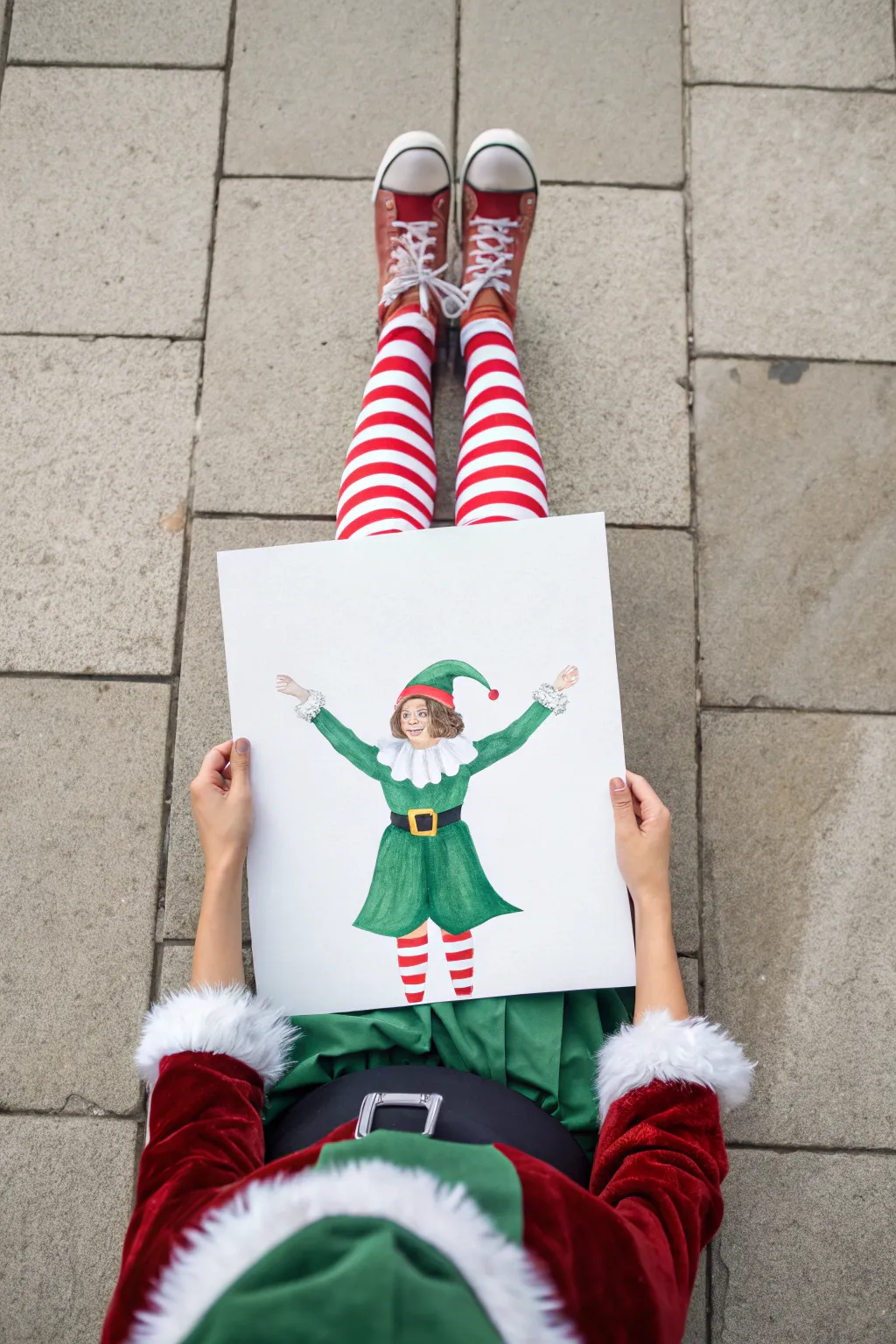 Candy-cane elf outfit study with striped tights and fluffy trim, minimalist boho palette.