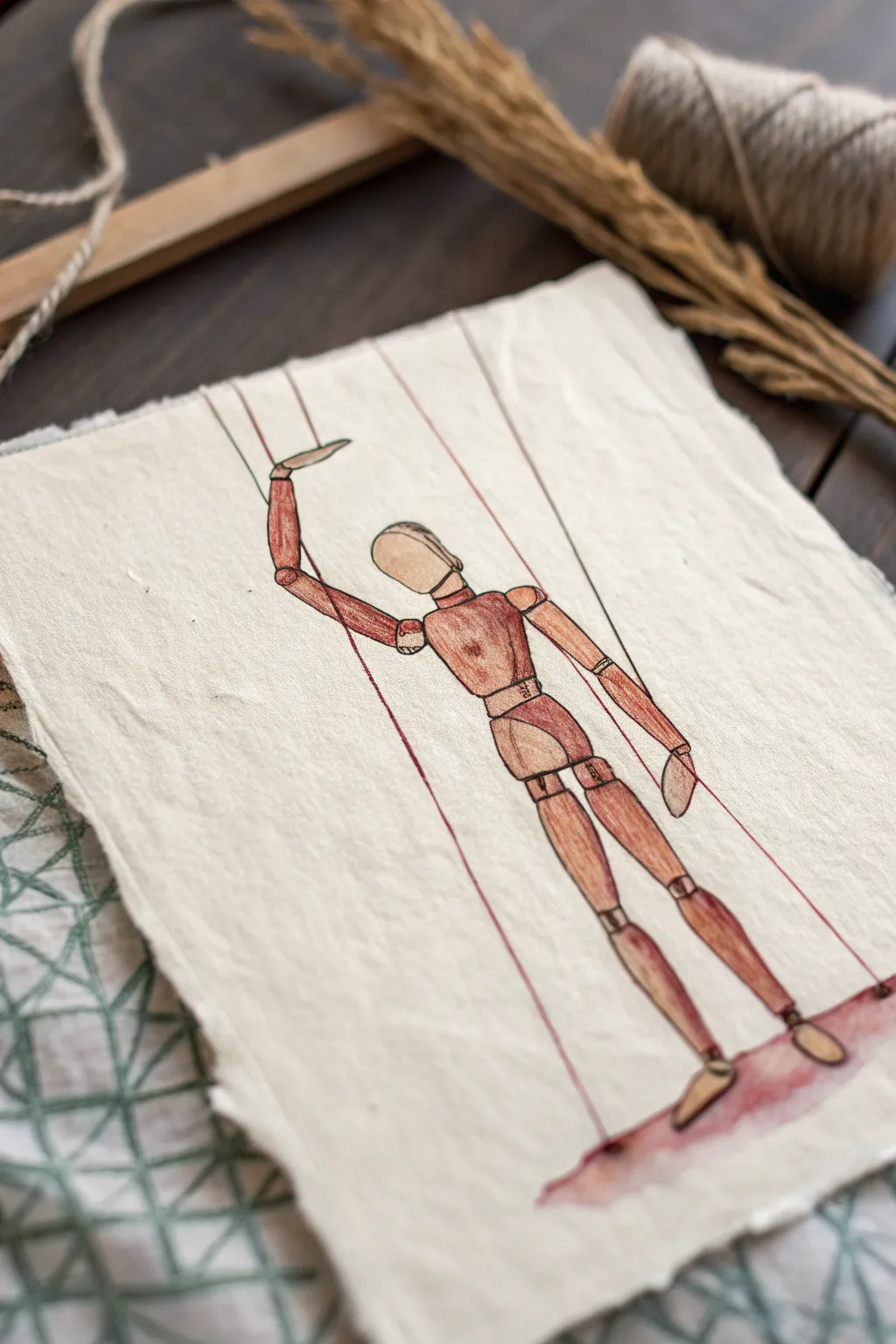 Minimal puppet-like figure slumped forward, cut strings suggested, a calm burnout study in neutrals.