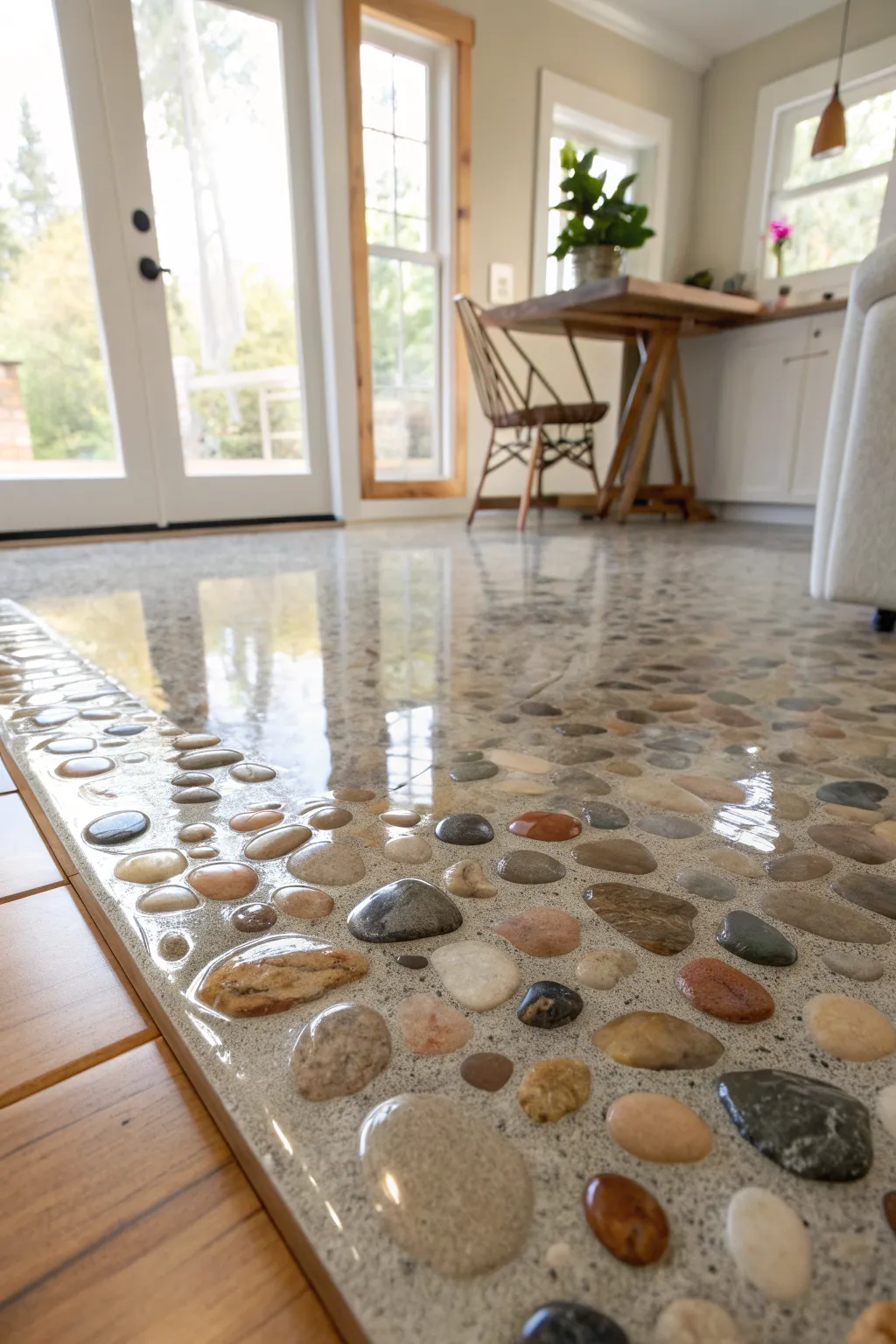 Clear epoxy over river pebbles adds serene, glassy depth to a minimalist boho floor.