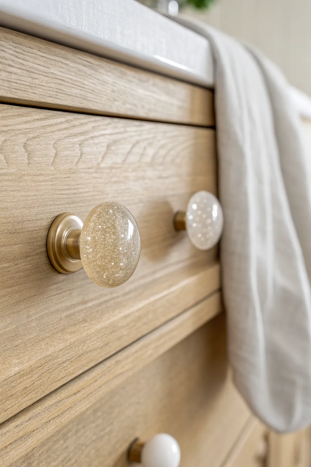 Glittery resin knob adds sparkle to a minimalist drawer, boho warmth in soft light.