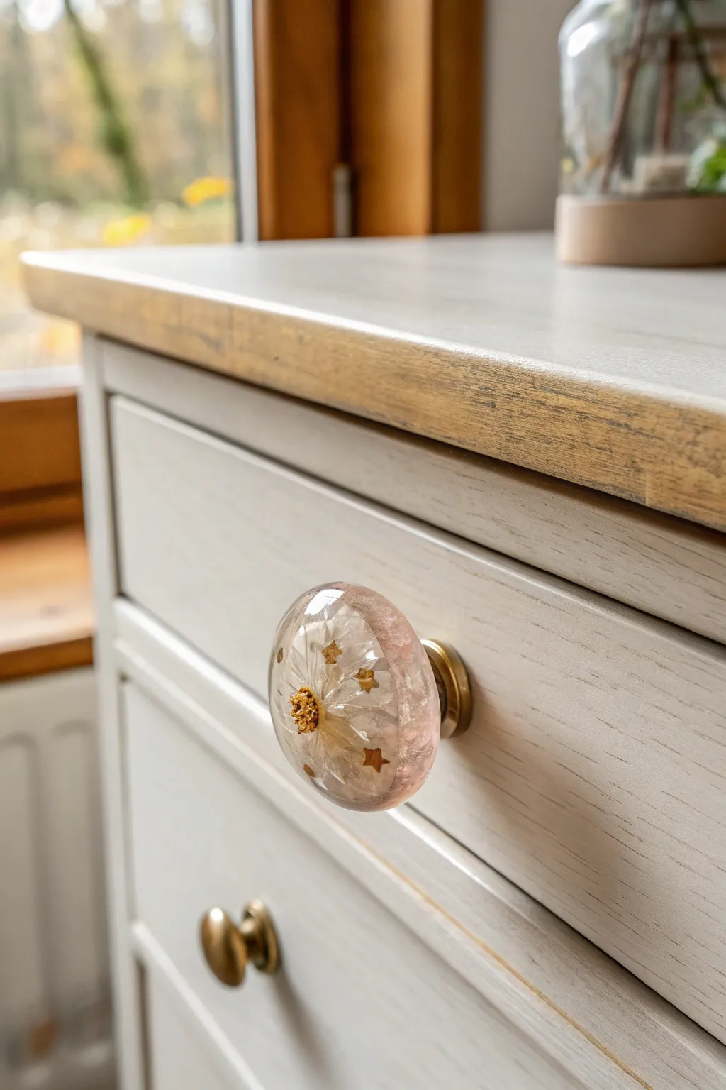 Glossy handmade epoxy resin knob adds a chic, instant glow-up to a minimalist dresser.