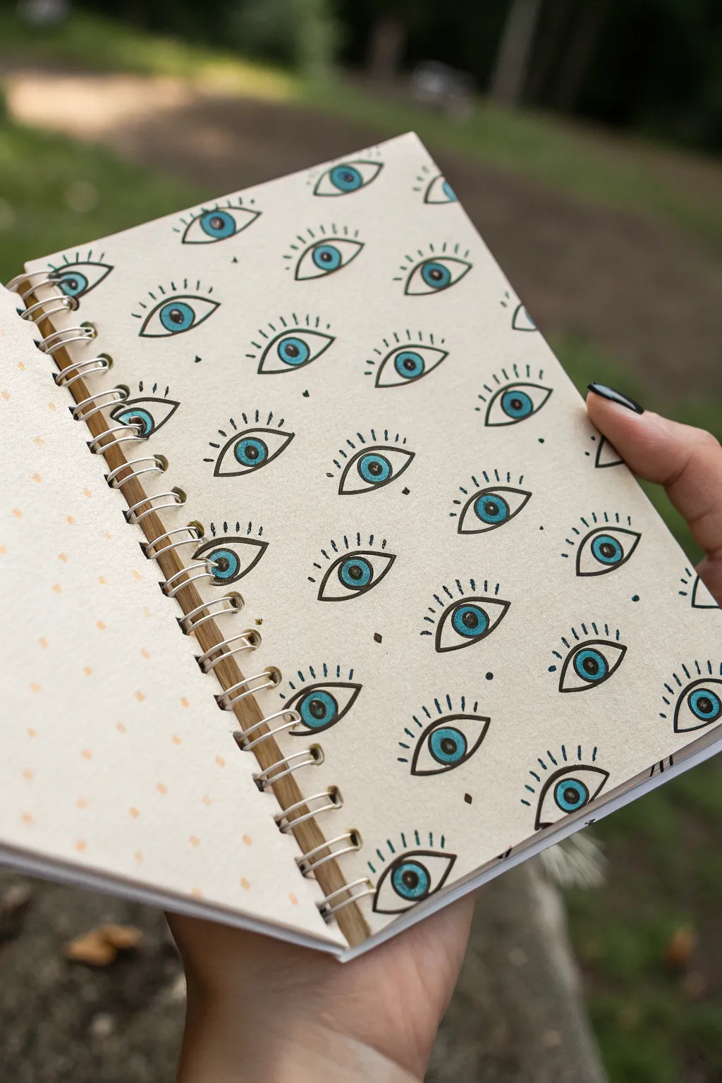 Seamless evil eye repeat pattern in soft Scandi-boho tones, perfect for wallpaper sketches.