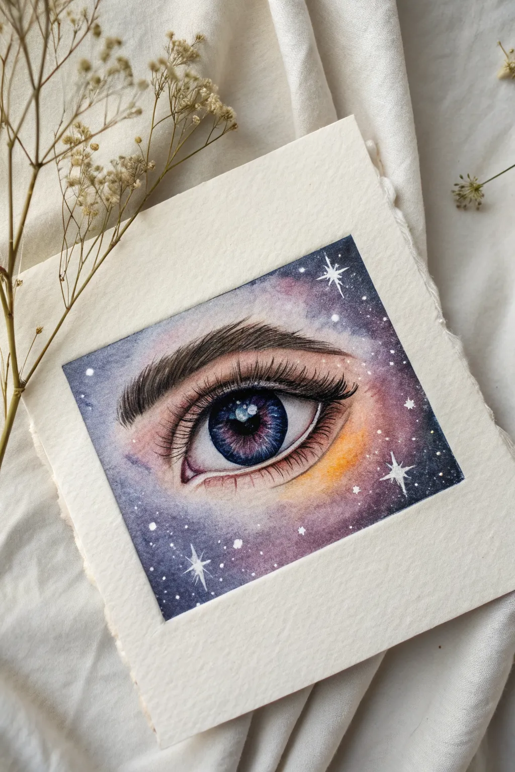 Celestial galaxy iris eye: nebula gradients, star-specks, and a sunlit highlight in deep contrast.