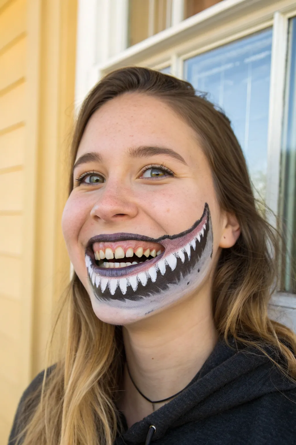 Shark mouth face paint illusion with teeth framing the lips, captured mid-expression in clean light.