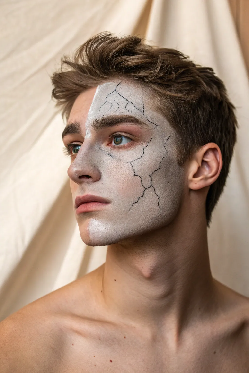 Cracked stone statue face paint for men, dramatic split-face contrast with minimalist Nordic vibes