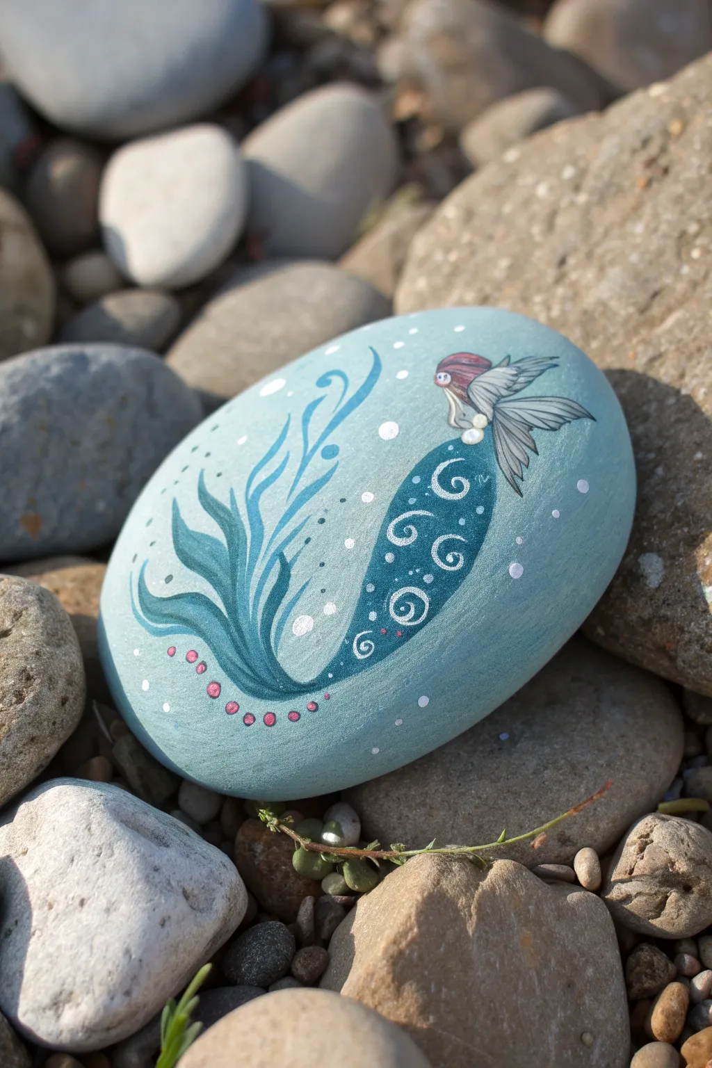 Underwater sea fairy rock in cool teals and blues with pearly bubbles on a calm Nordic backdrop