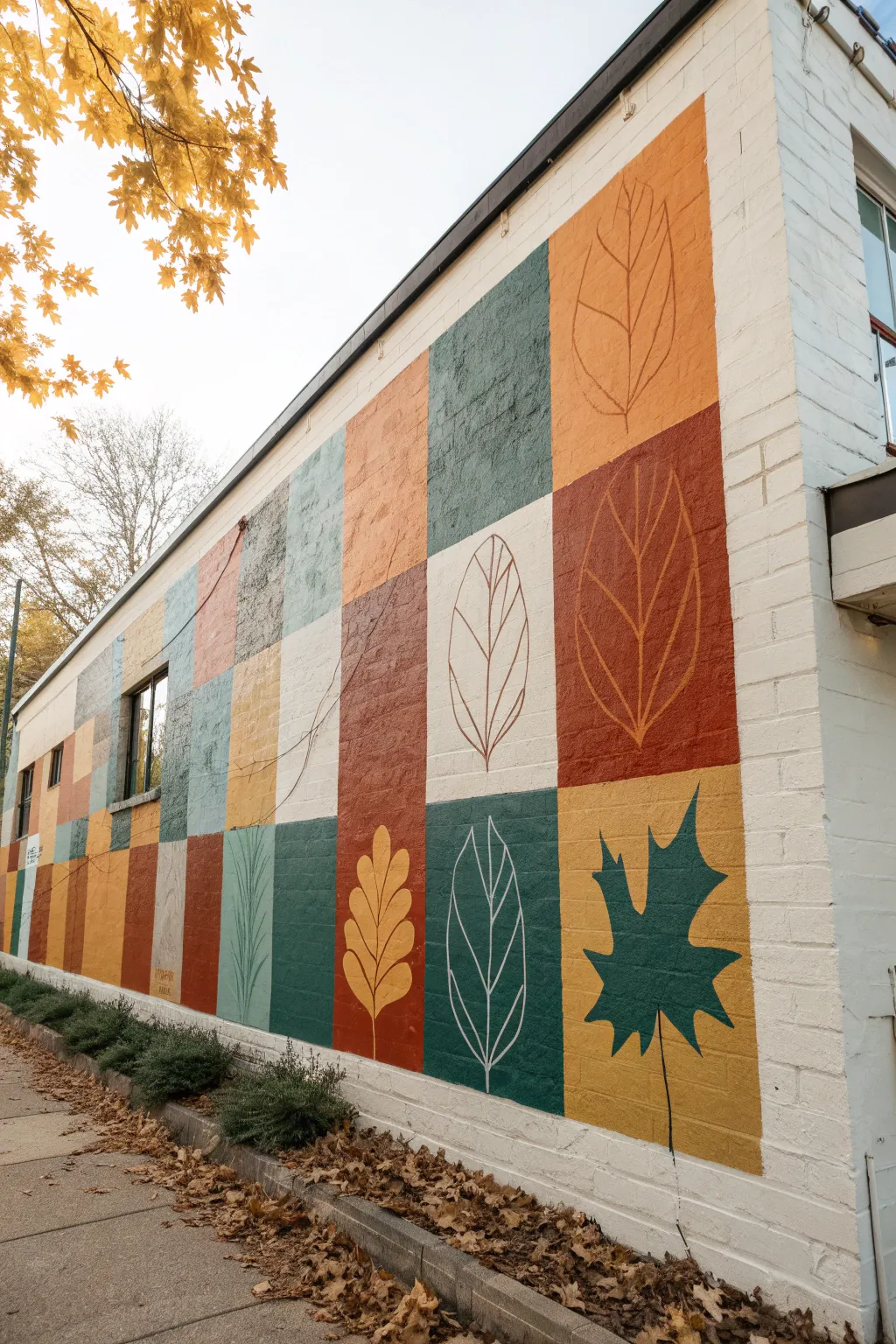 Abstract autumn color blocks with subtle leaf textures for a modern Scandinavian fall mural