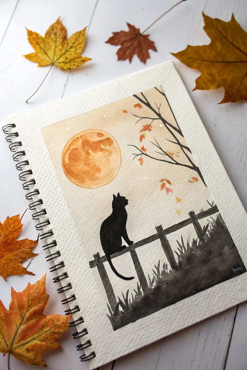 Minimalist fall paint night: black cat silhouette on a fence under a warm autumn moon