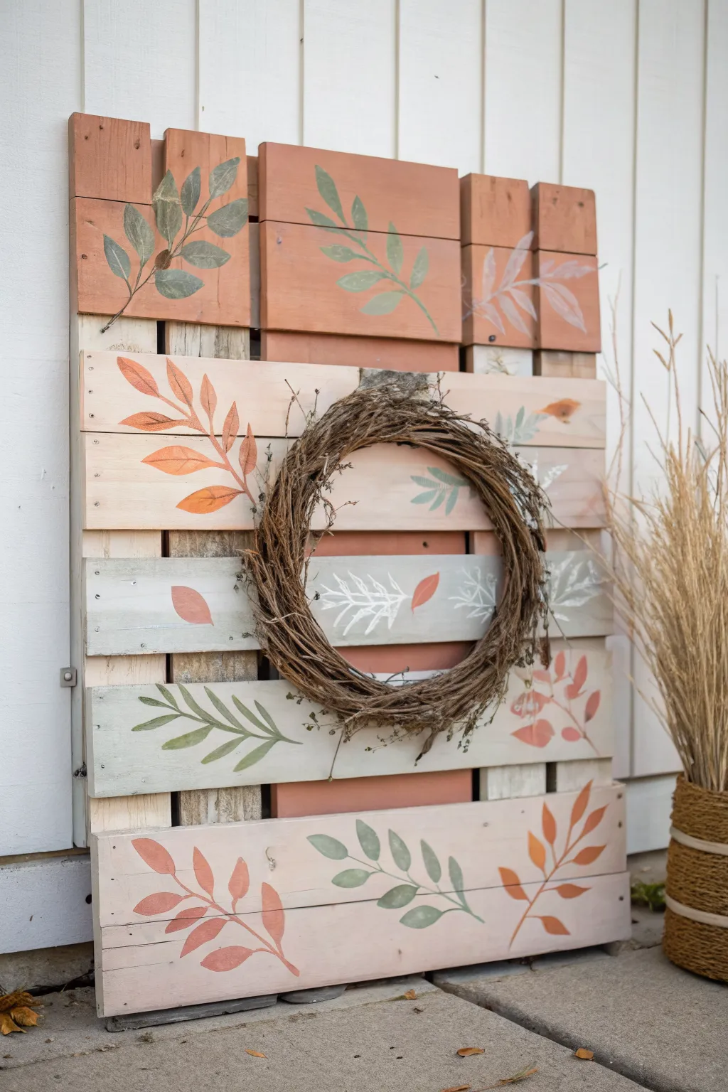 Soft fall tones on a pallet with a rustic twig wreath centerpiece for simple mixed-media warmth
