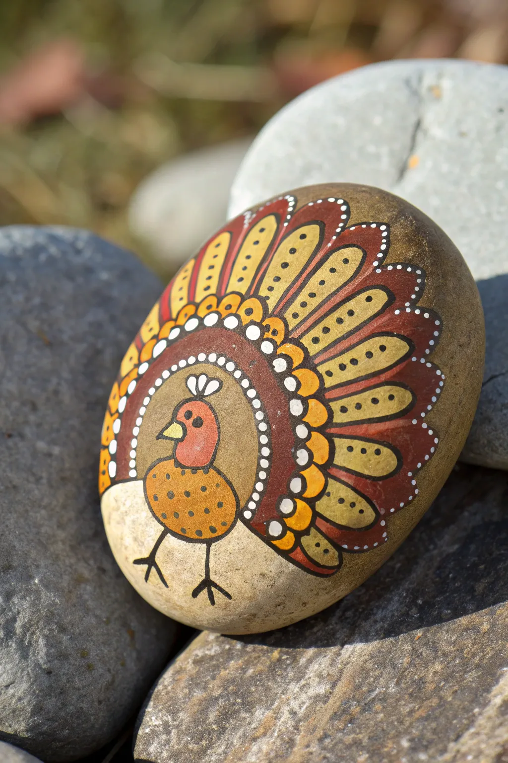 Whimsical turkey rock with patterned boho tail feathers, centered on dark wood for contrast