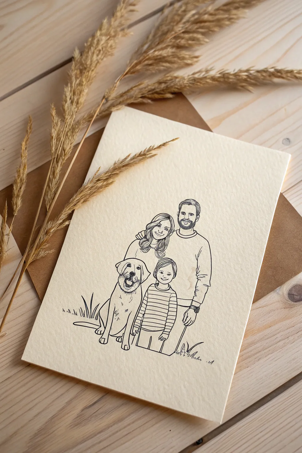 Minimalist family portrait with beloved pet included, perfect for warm Scandinavian-style art.
