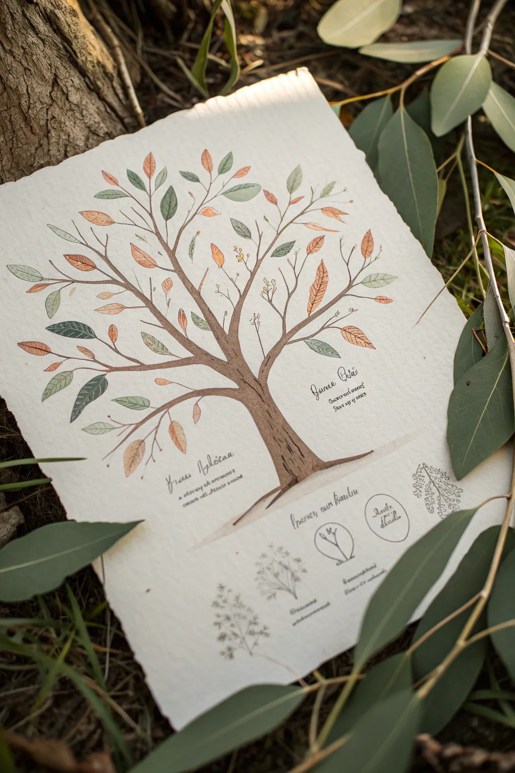 Minimalist family tree with map-pin leaves, a heritage canopy blending travel and ancestry.