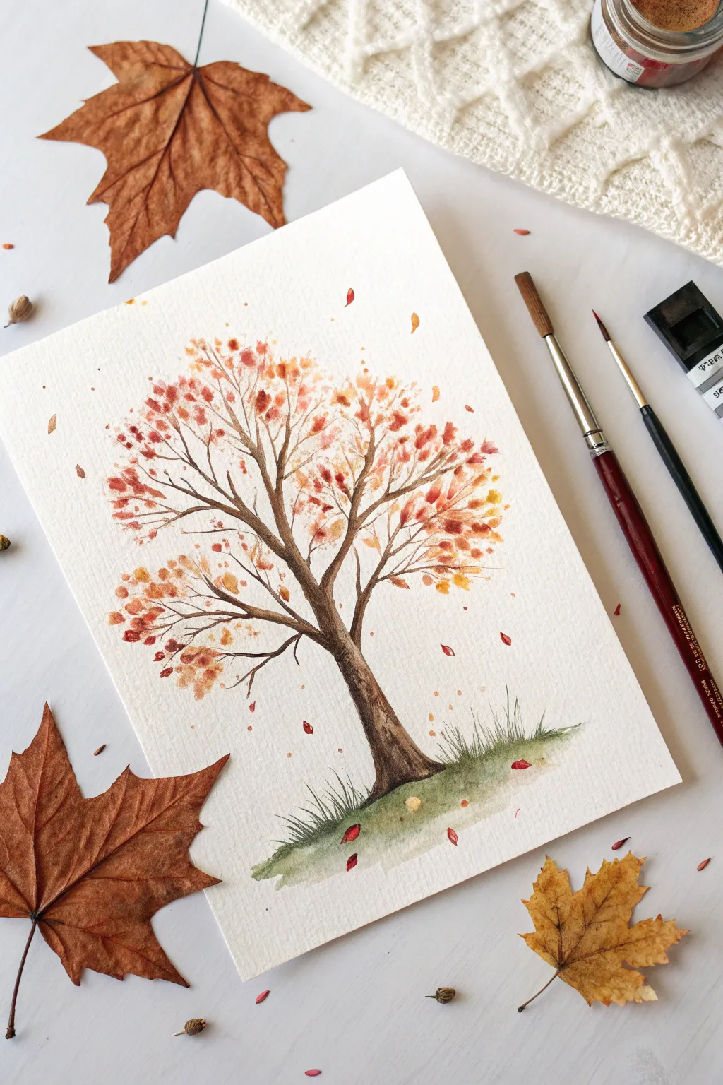 Autumn leaf confetti: quick fan brush stipples for a cozy, minimalist fall tree.