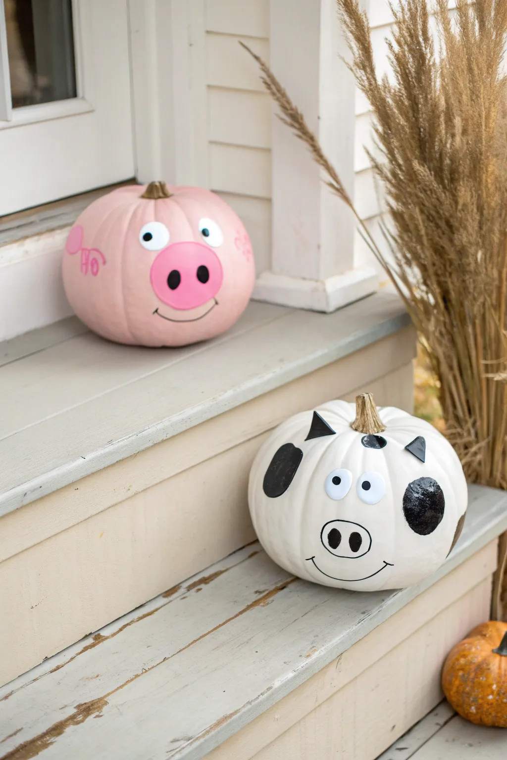 Create instant giggles with these adorable farm animal pumpkins featuring friendly googly eyes.
