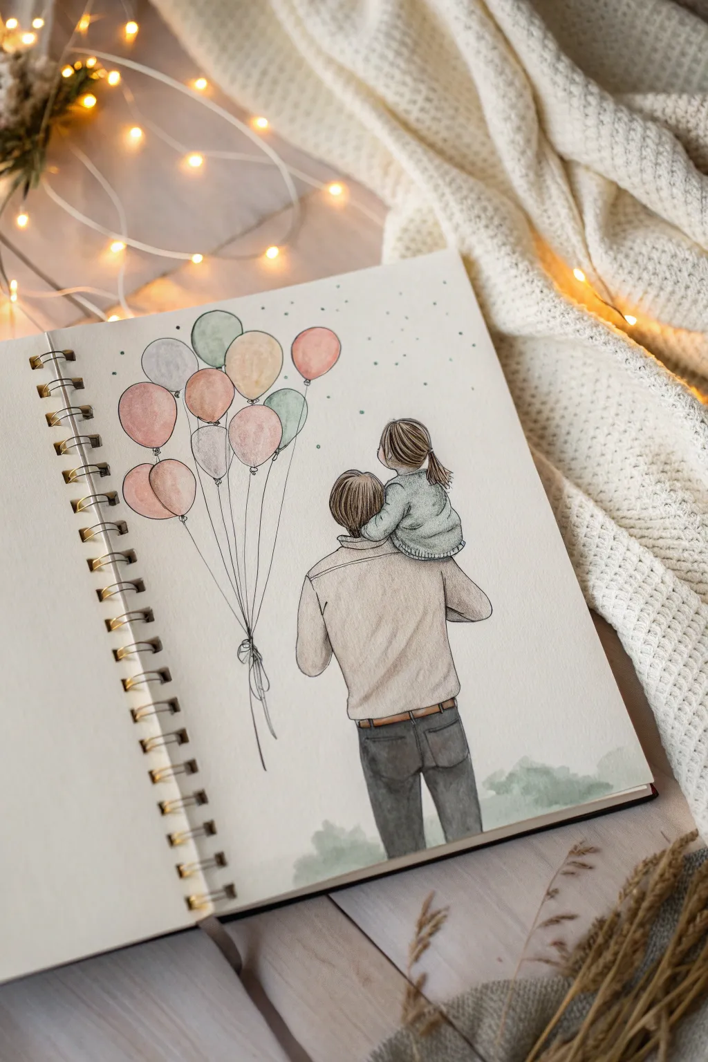 Draw a dad and daughter shoulder ride at the fair, looking up at dreamy balloons and distant lights.