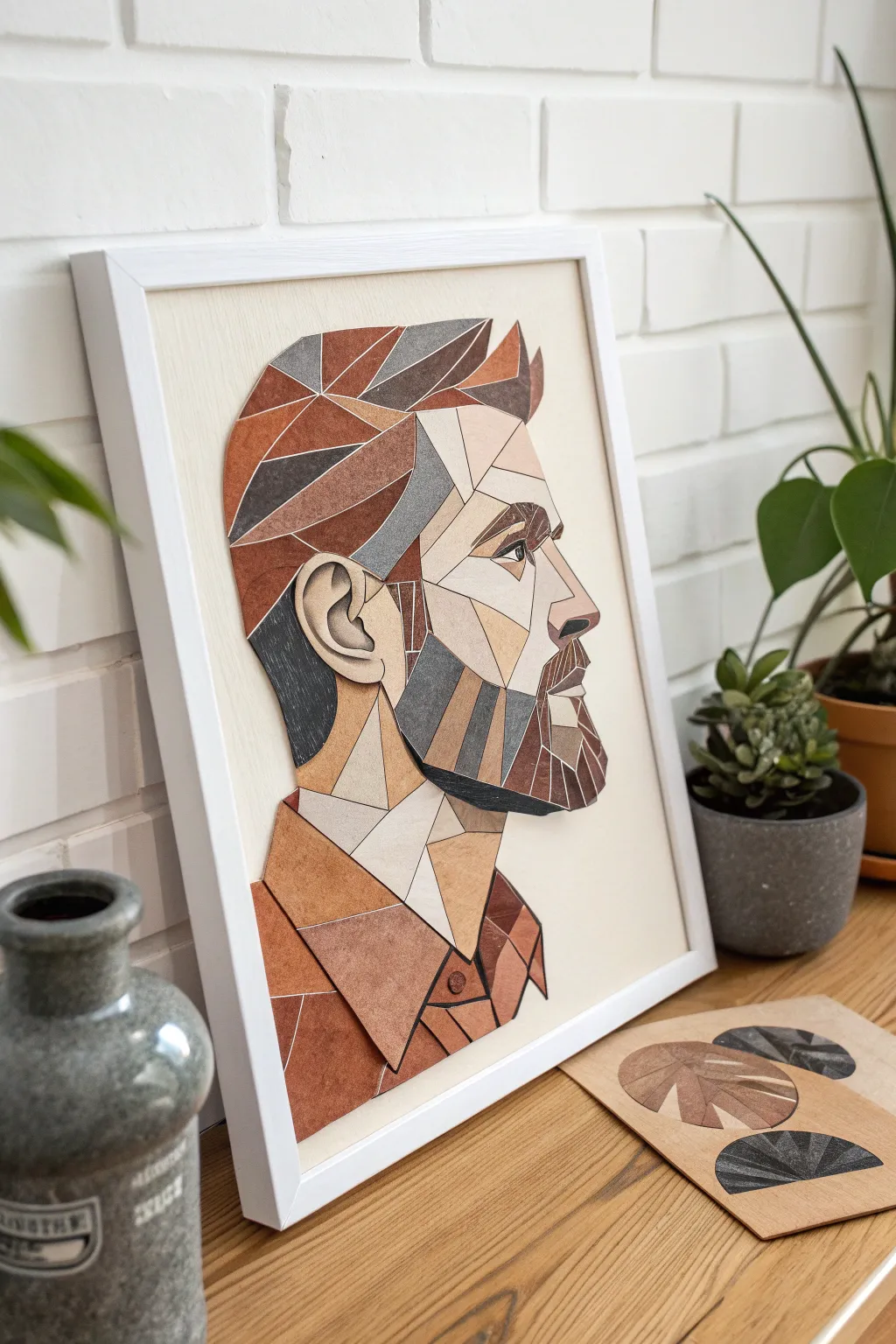 Craft a quirky mixed media portrait for Dad using paper cutouts and paint.