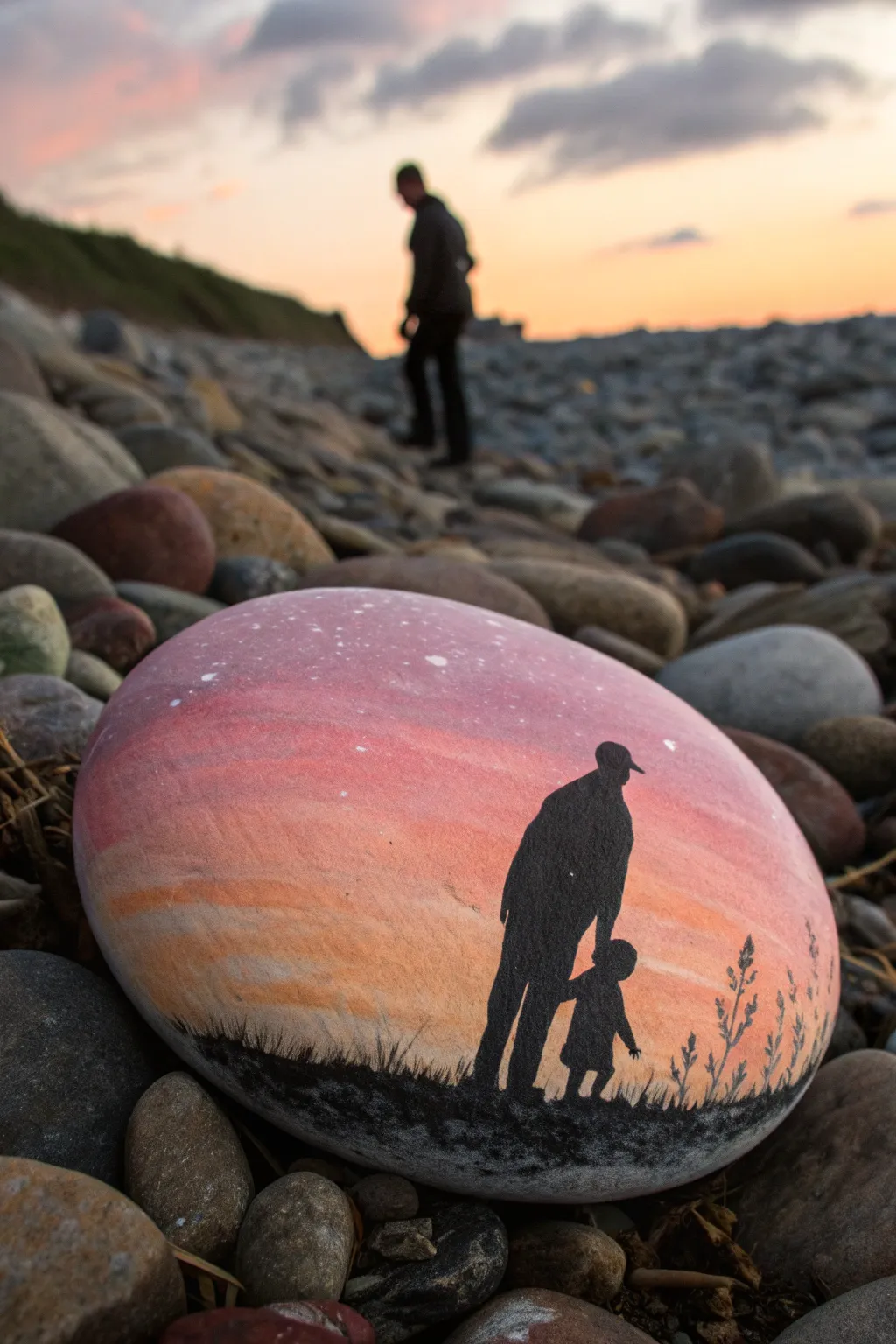 Warm sunset rock painting with a simple father and child silhouette, perfect for Fathers Day.
