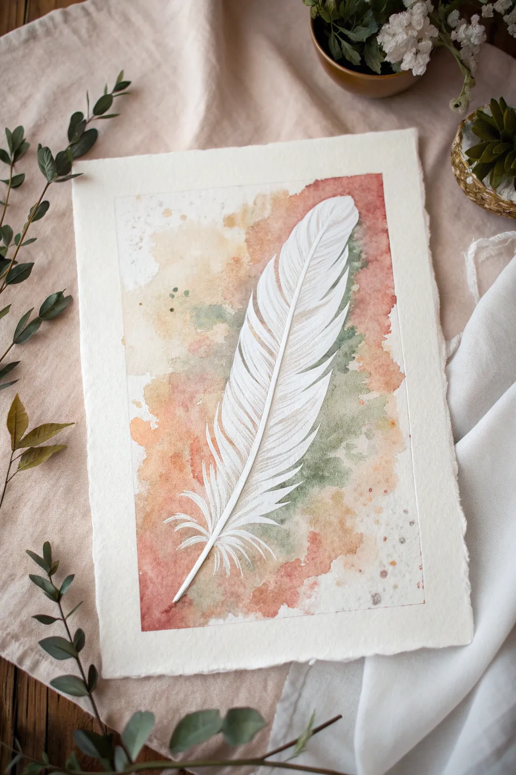 Minimal negative space feather cutout with a soft watercolor wash for a calm Scandinavian boho look