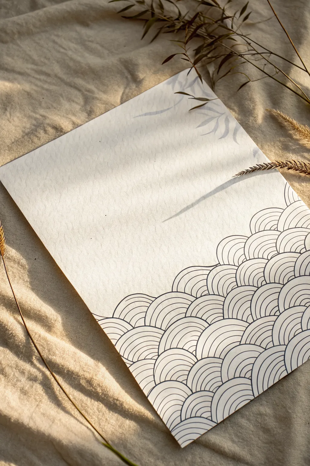 Monochrome fine line flow curves with airy negative space, minimalist Scandinavian calm with boho warmth