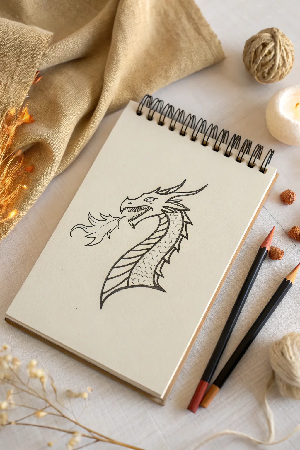 Minimal dragon line art blasting fiery cone, bold contrast and cozy Scandinavian boho vibe