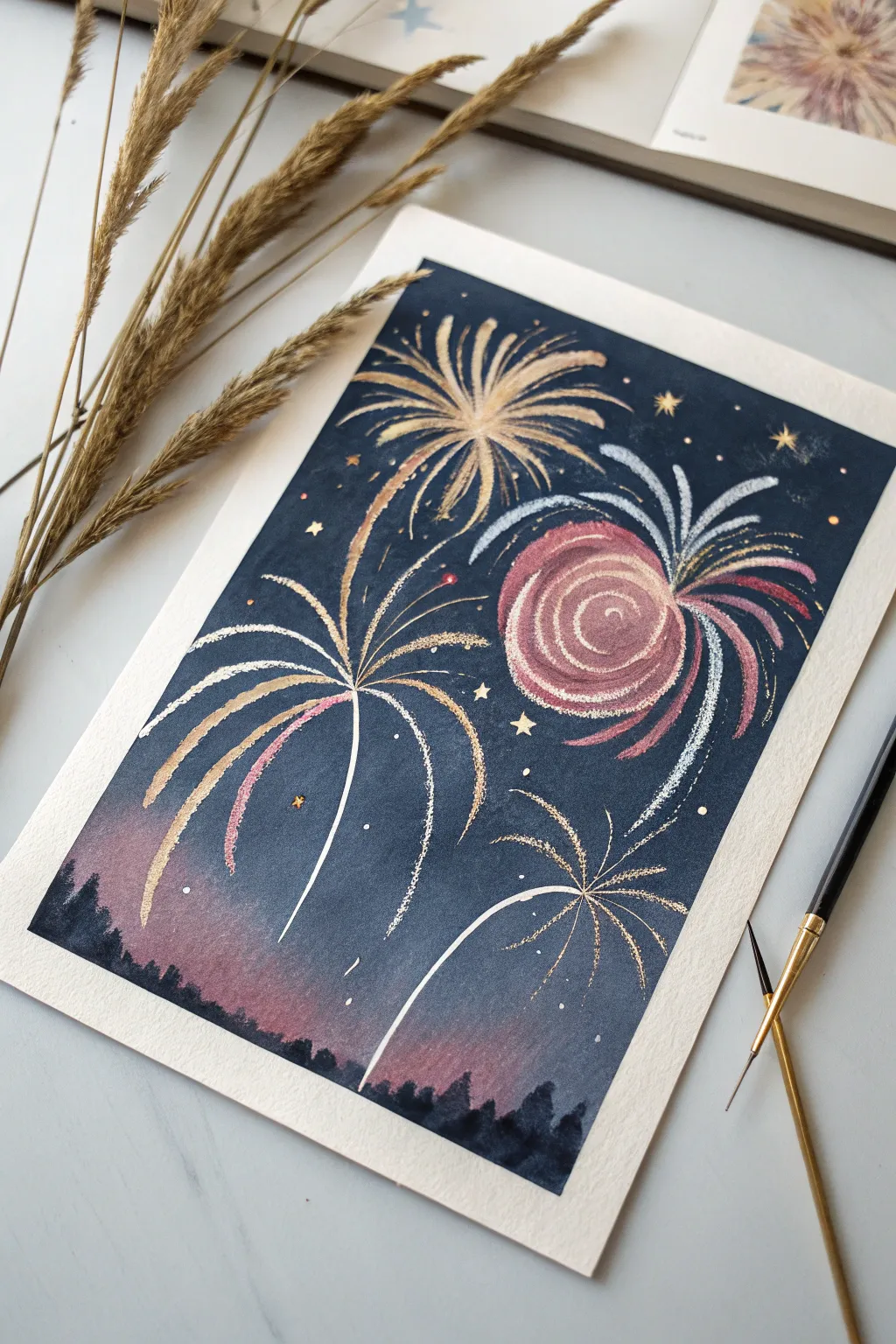 Long-exposure firework trails in paint, glowing gold and blush arcs against deep midnight navy