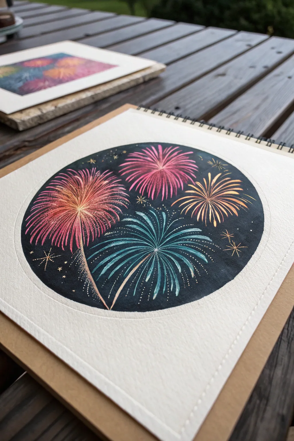 Minimalist cutout circle filled with colorful fireworks, high-contrast and feminine drawing inspo.