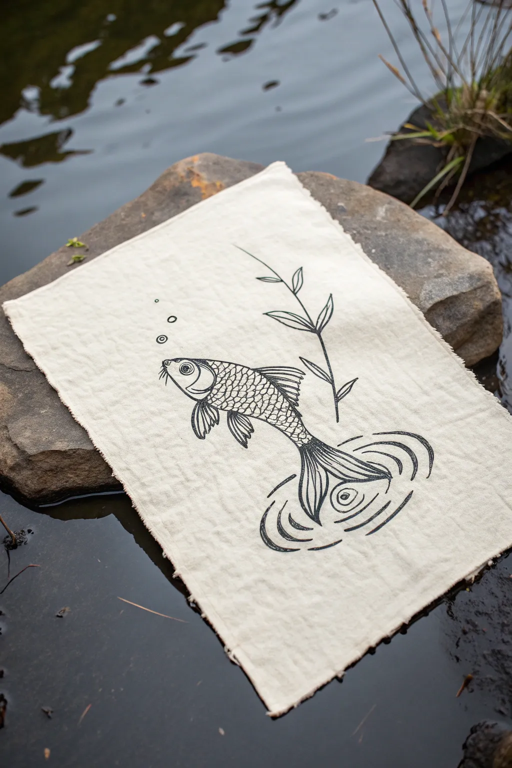 Negative space fish with flowing fins and a few ripples for an airy, modern water effect