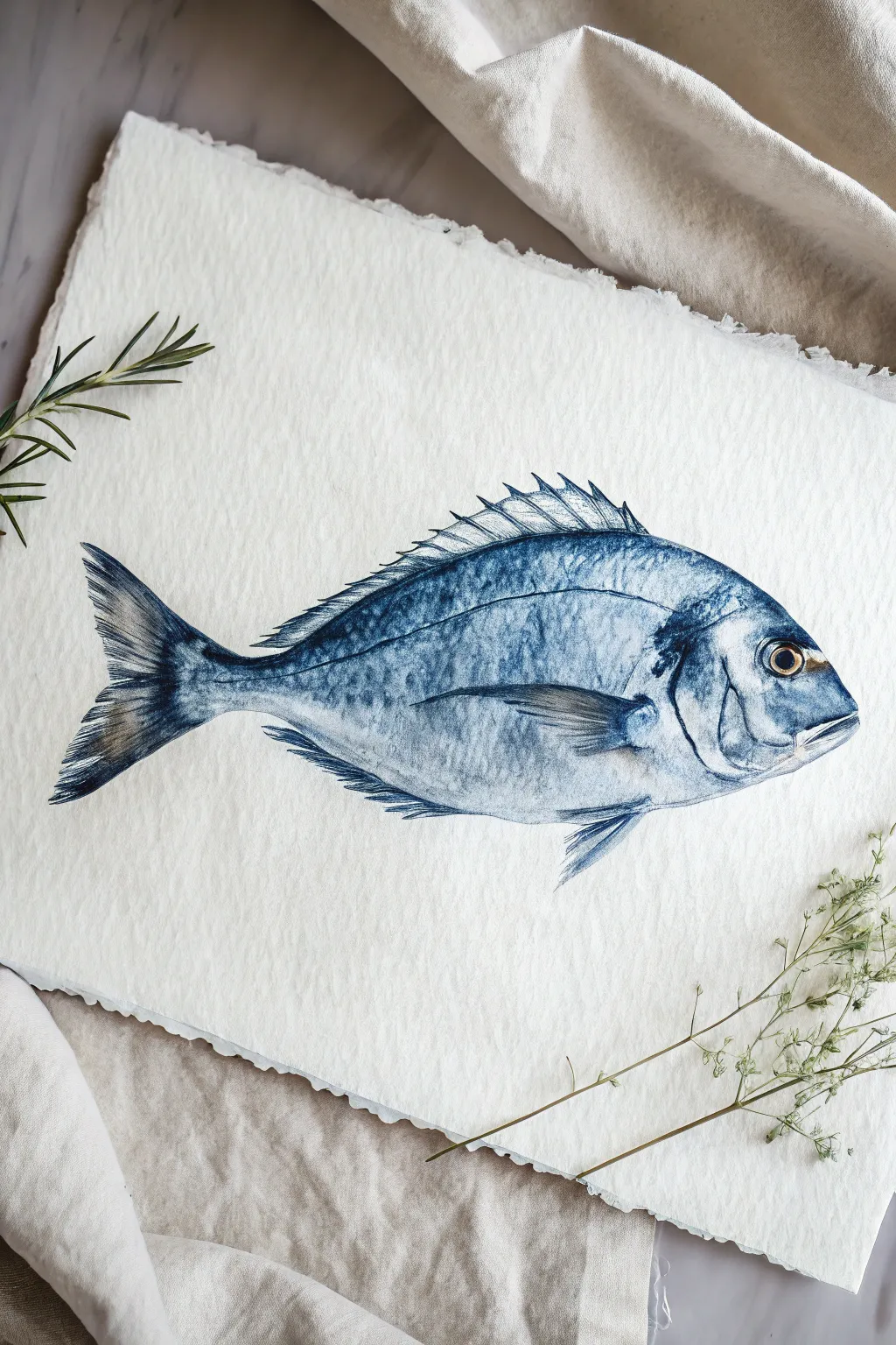 Monochrome blue-gray fish study with bold value contrast for a calm minimalist look