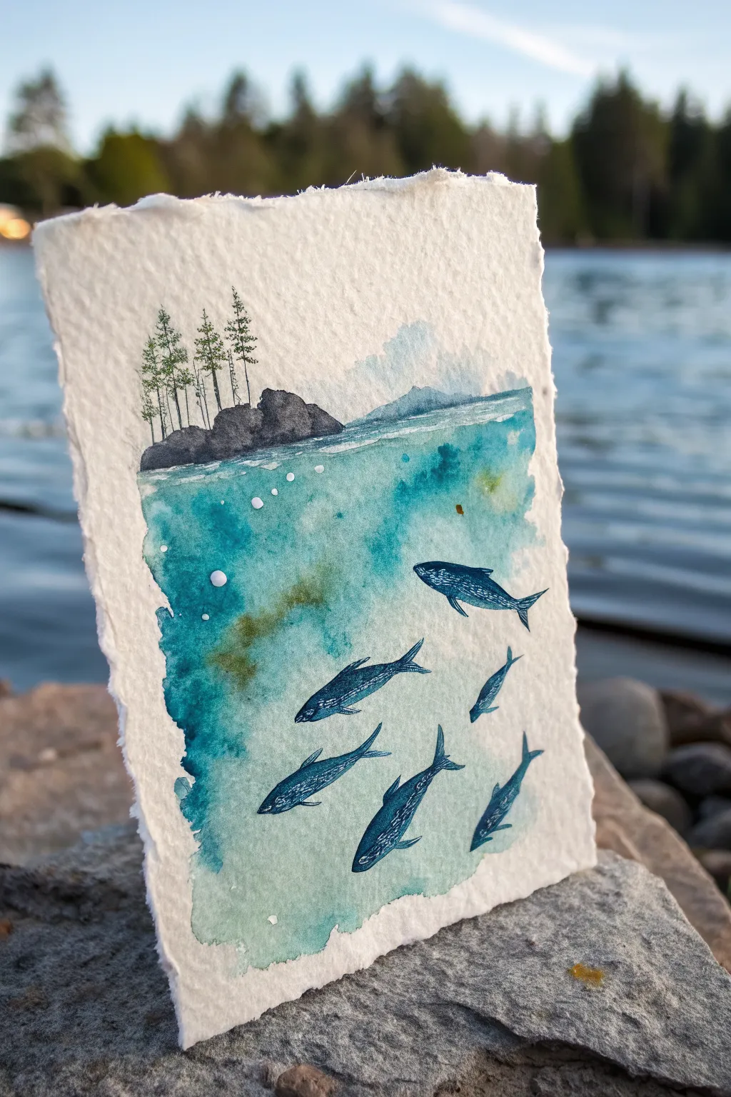 Clean negative space fish silhouettes drifting through flowing watercolor for a calm modern boho vibe