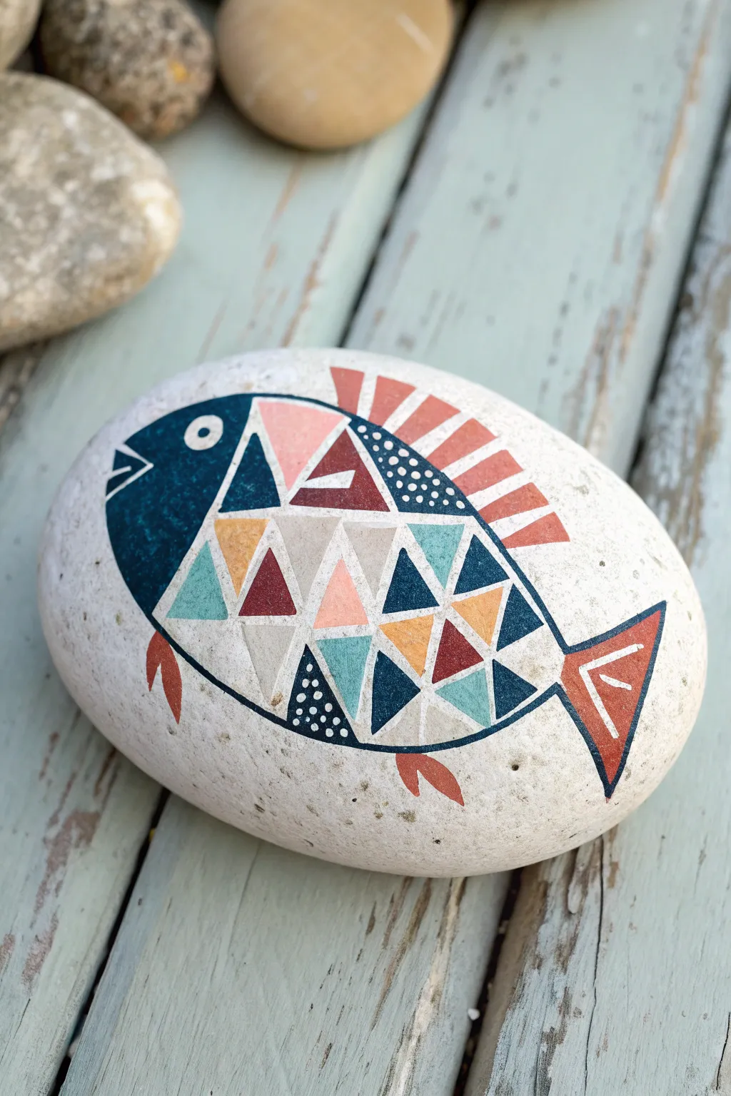 Geometric mosaic fish rock with crisp silhouette and bold color blocks for modern boho charm