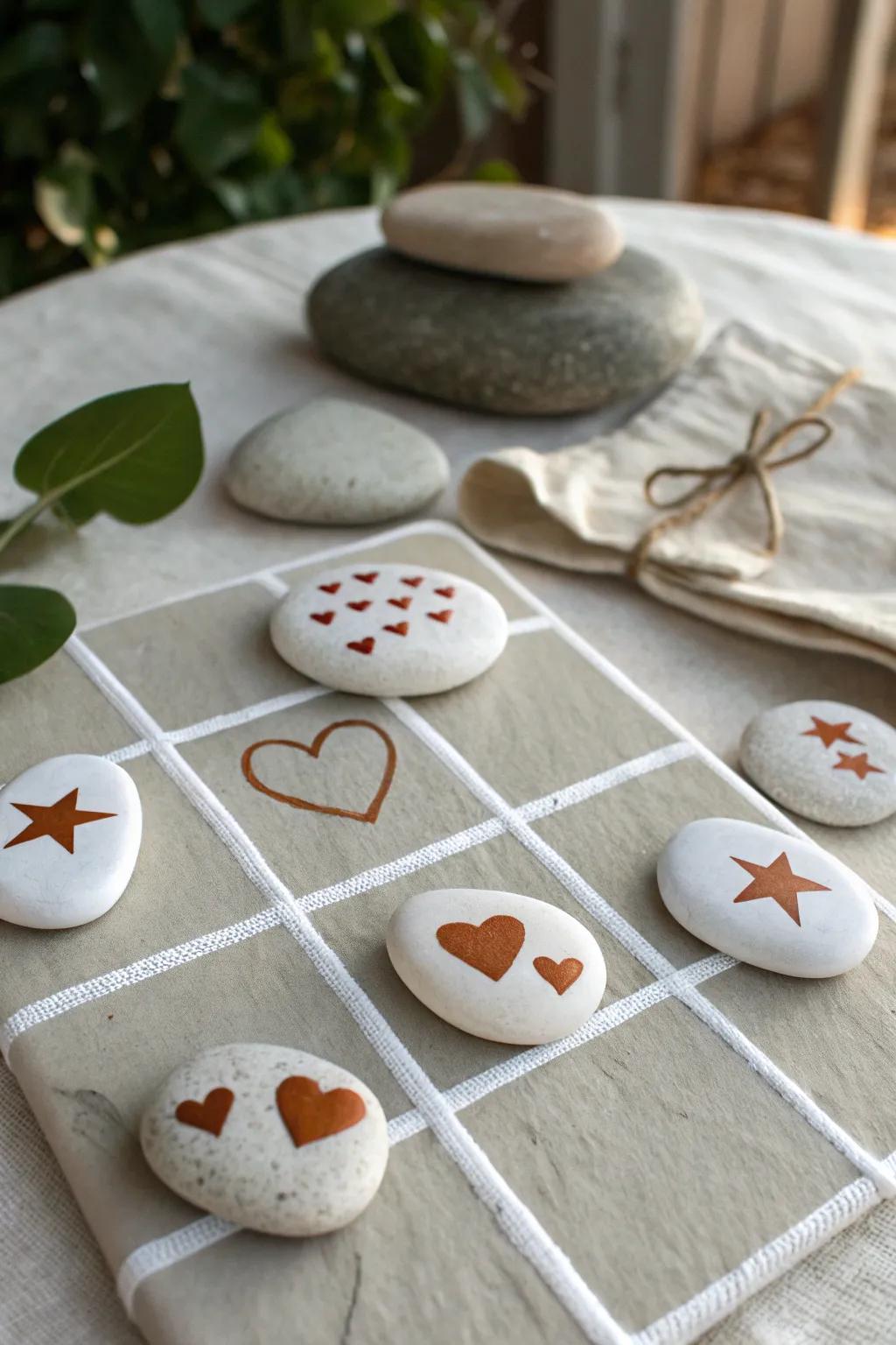 Minimalist flat rock tic-tac-toe set with a painted grid, hearts and stars, ready to play