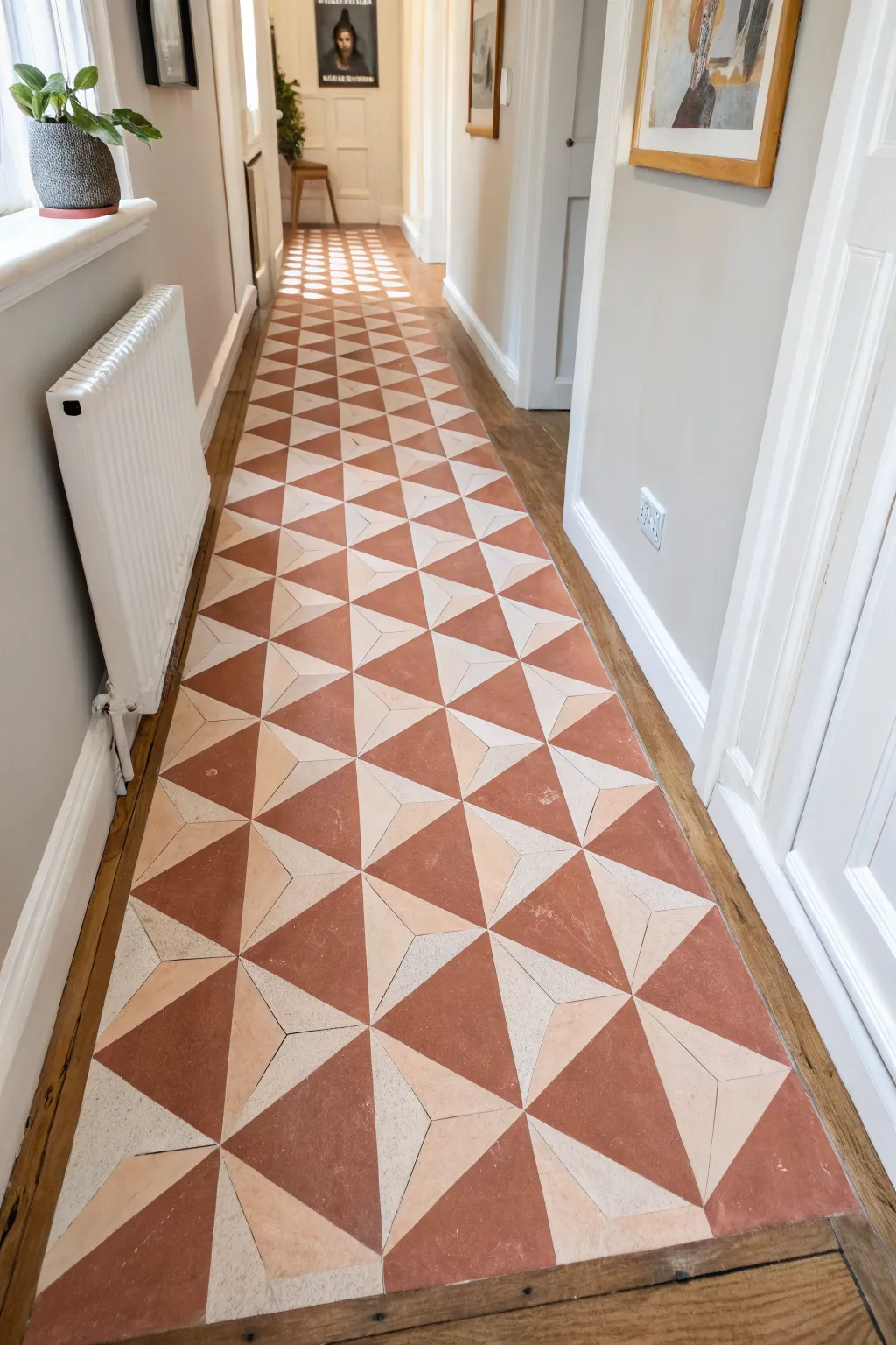 3D cube optical illusion floor painting idea in dusty blush tones, minimalist Scandinavian boho vibe