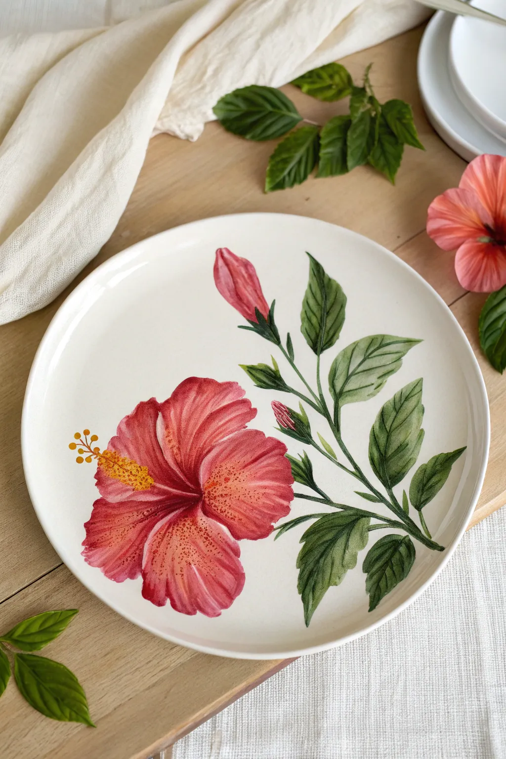 Bold hibiscus plate painting inspiration with high-contrast petals and glossy tropical leaves